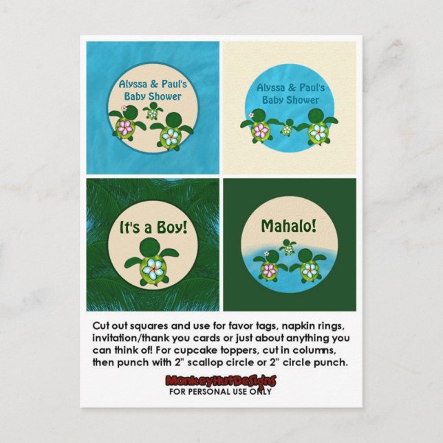 BOY Sea TURTLE Baby Shower Honu Cupcake Topper 02B Einladungspostkarte (Vorderseite)