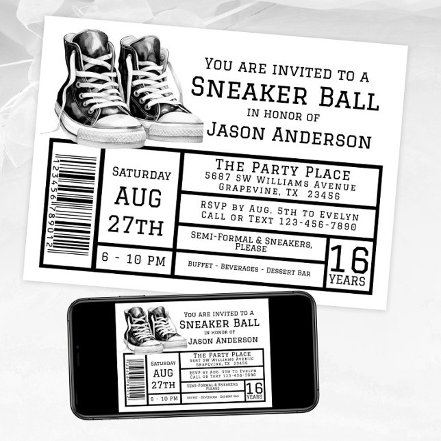 Boy Sneaker Ball Geburtstagsparty Einladung (Sneaker ball invitation with black sneakers box label style. Available instant download and print.)