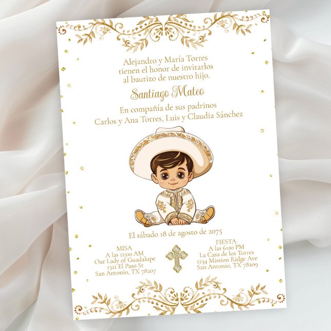 Boy Spanish Charro Baptisk Einladung (Boy gold charro baptism invitation. Simply add your event details.)