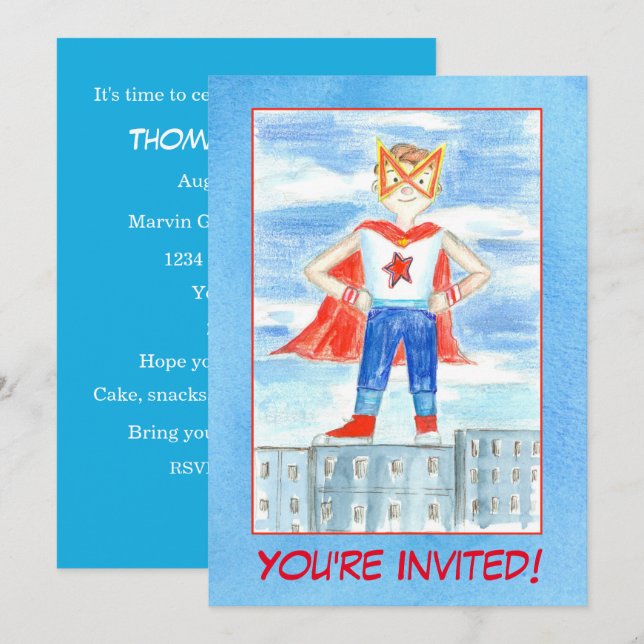 Boy Super Hero Invitation de fête d'anniversaire (Devant / Derrière)