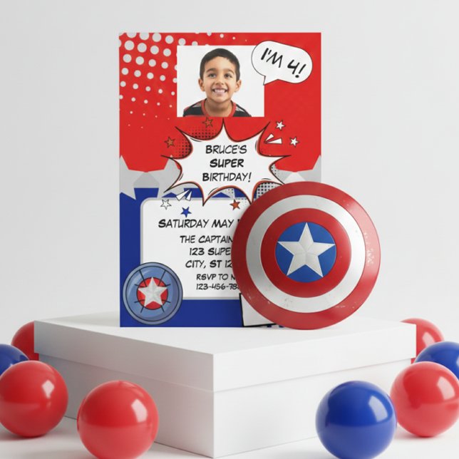 Boy Superhero, red, white, silver & blue birthday Einladung (Von Creator hochgeladen)
