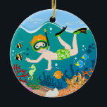 Boy swimmer birthday gift  keramikornament<br><div class="desc">This design features a cute boy surfing a big wave in the company of dolphins. On the horizon, there’s a tropical island. Seagulls are following her closely! Every summer day is a party for kids on the beach. The seaside is the place to go and have fun with friends, maybe...</div>