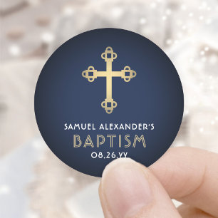 Boy-Taufe Elegant Cross Navy Blue White und Gold Runder Aufkleber