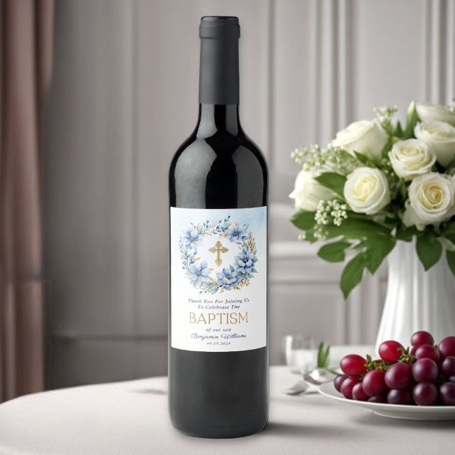 Boy Taufe Gold & Blue Aquarellblume Weinetikett (Von Creator hochgeladen)