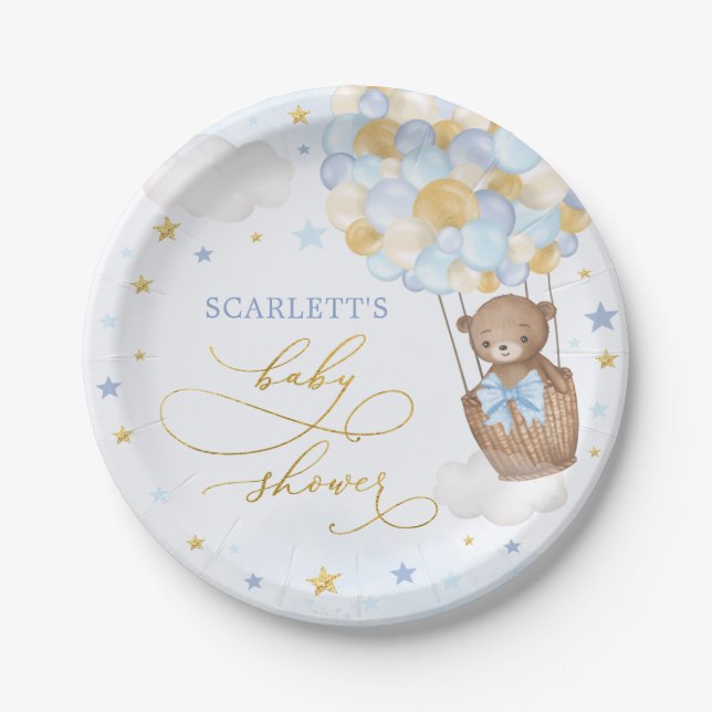 Boy Teddy Bear Baby Dusche Blue Gold Stars Party Pappteller (Vorderseite)