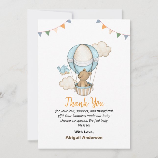 Boy Teddy Bear Baby Shower Thank You Flat Cards Dankeskarte (Vorderseite)