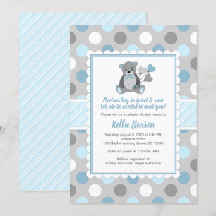 Boy teddy bear bleu gris baby shower invitation