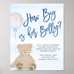 Boy Teddy Bear Blue Balloon Baby Dusche Belly Game Poster