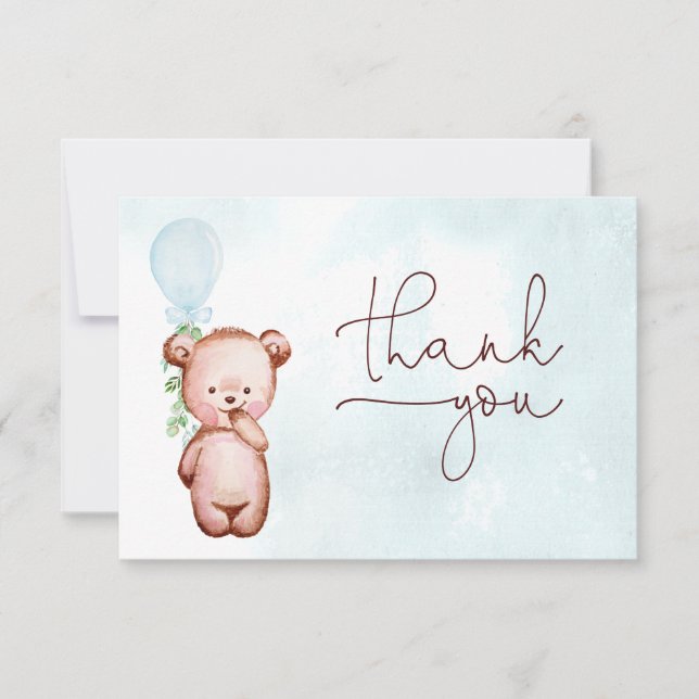 Boy Teddy Bear Blue Balloon Baby Dusche Dankeskarte (Vorderseite)