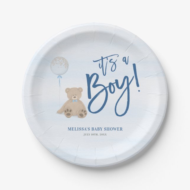Boy Teddy Bear Blue Balloon Baby Dusche Pappteller (Vorderseite)
