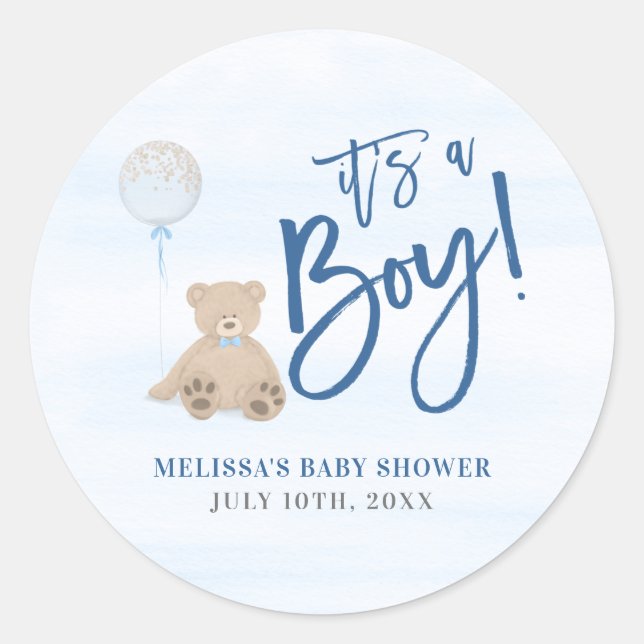 Boy Teddy Bear Blue Balloon Baby Dusche Runder Aufkleber (Vorderseite)