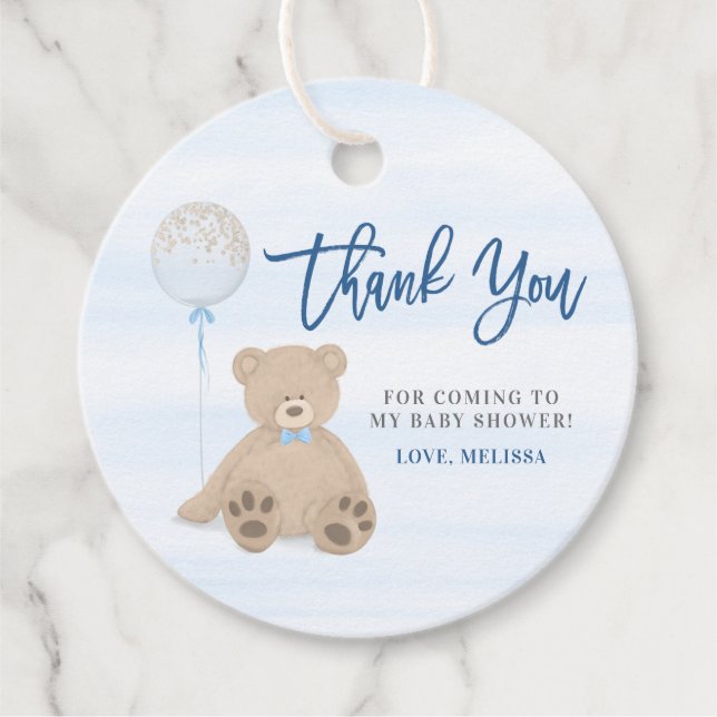 Boy Teddy Bear Blue Balloon Baby Dusche Vielen Dan Geschenkanhänger (Vorderseite)