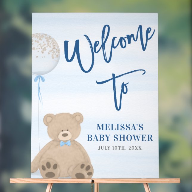 Boy Teddy Bear Blue Balloon Baby Dusche Willkommen Acrylschild (Neutral)