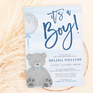 Boy Teddy Bear Blue Gray Balloon Baby Dusche Einladung