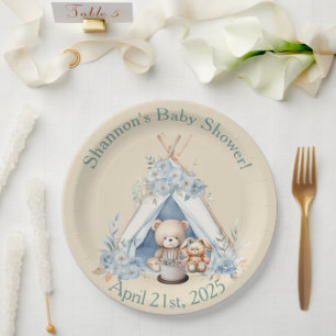Boy Teddy Bear, Bunny in Teepee Tent Baby Dusche Pappteller