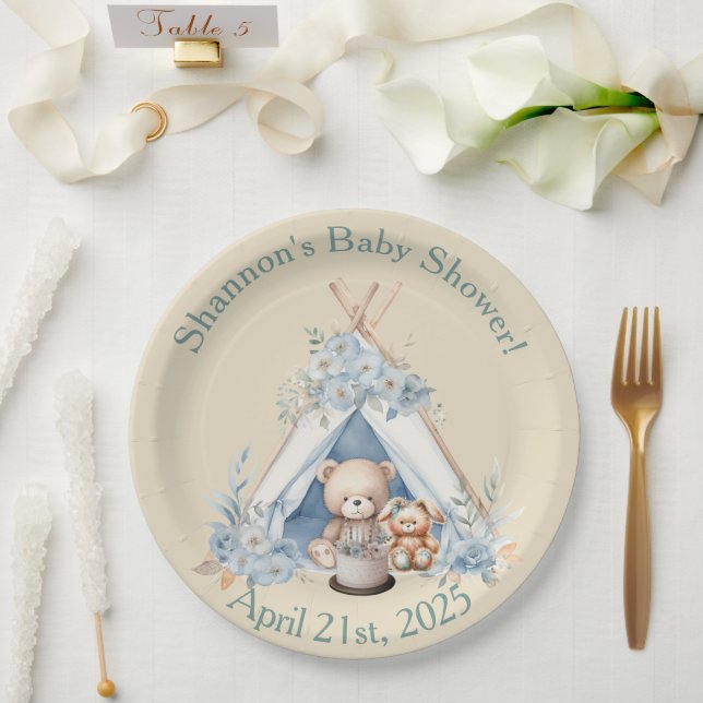 Boy Teddy Bear, Bunny in Teepee Tent Baby Dusche Pappteller (Hochzeit)