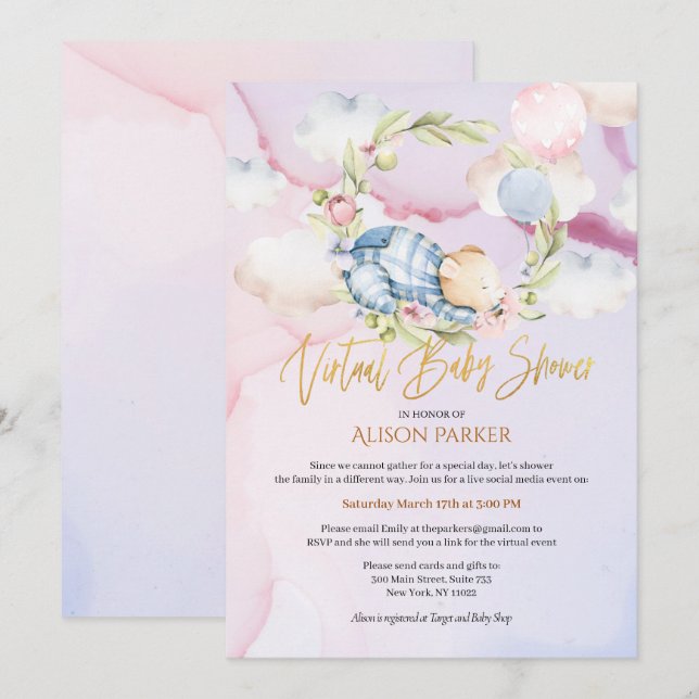 Boy Teddy Bear Niedlich Virtual Baby Dusche Einladung (Vorne/Hinten)