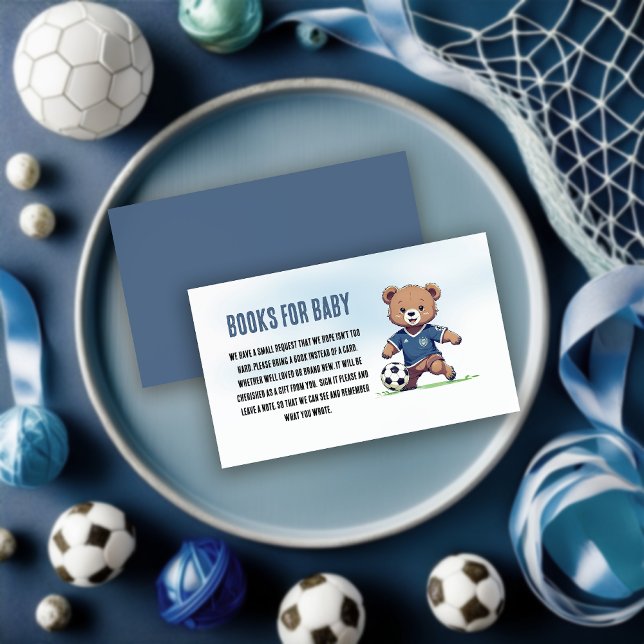 Boy Teddy Bear Soccer Babydusche Bücher für Baby Begleitkarte (Cute Blue Teddy Bear Soccer Player Boy Baby Shower "Books for Baby" Insert Enclosure Card)