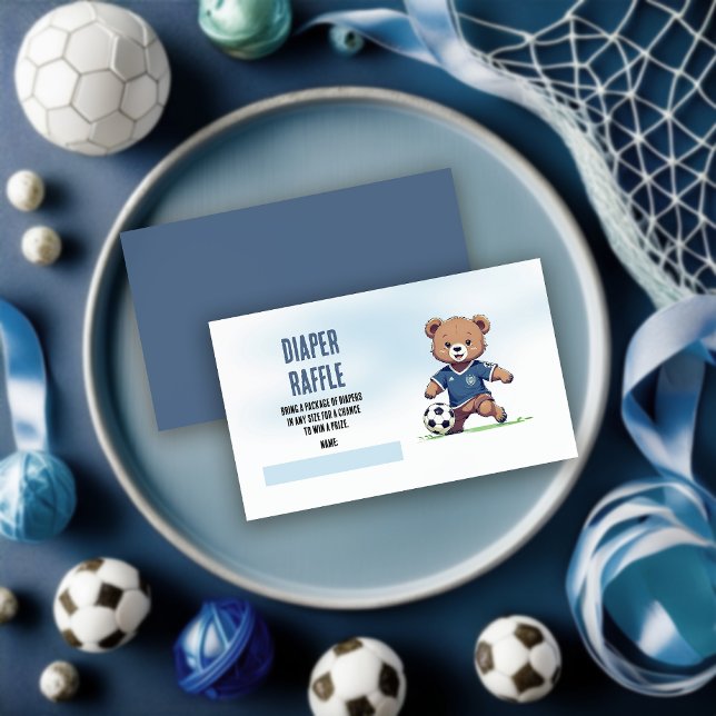 Boy Teddy Bear Soccer Babydusche Windelwindeln Begleitkarte (Cute Blue Teddy Bear Soccer Player Boy Baby Shower Diaper Raffle Insert  Enclosure Card)