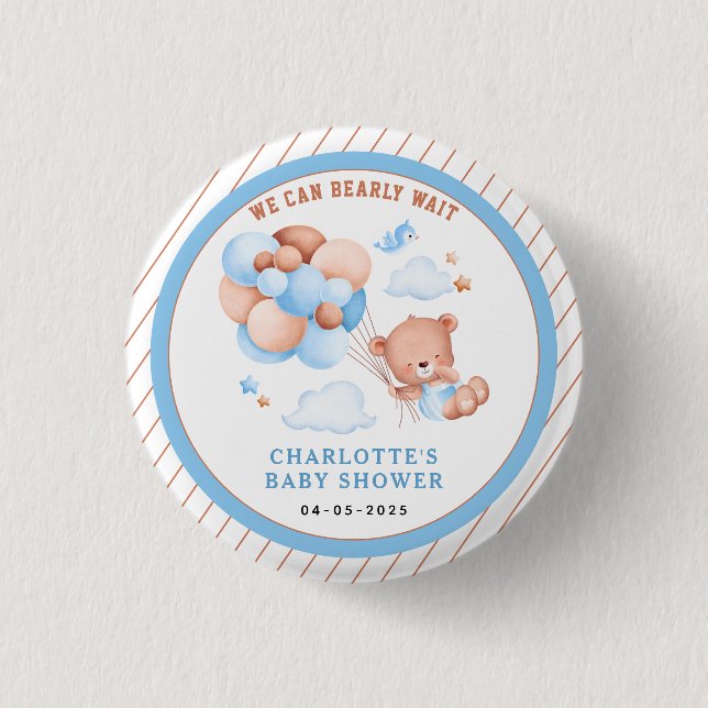 Boy Teddy Bear “We Can Bearly Wait” Baby Shower Button (Vorderseite)