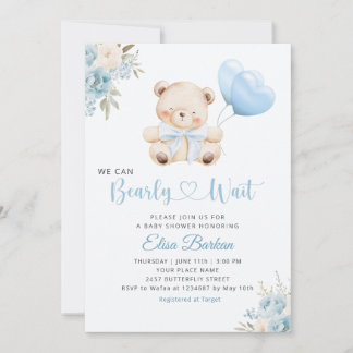 Boy Teddy Bear We Can Bearly Wait blue Baby Shower Einladung
