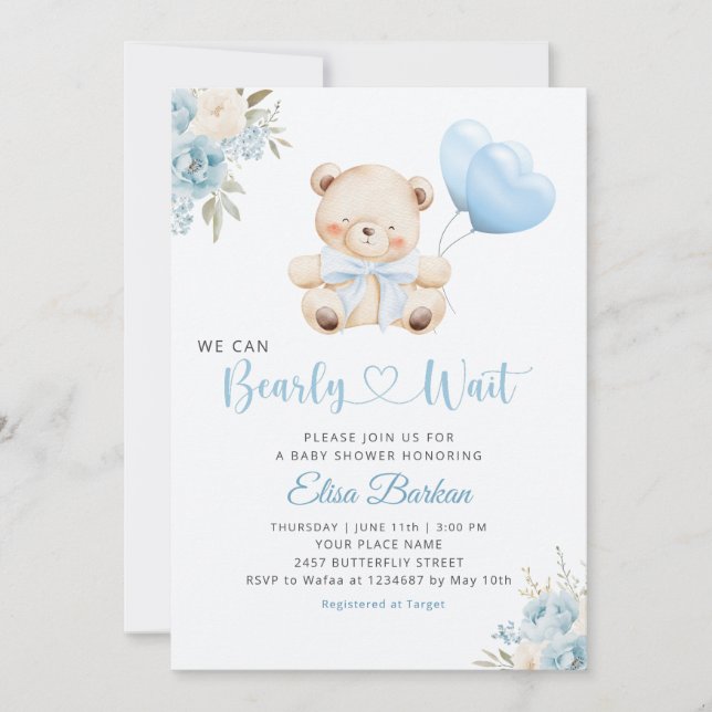 Boy Teddy Bear We Can Bearly Wait blue Baby Shower Einladung (Vorderseite)