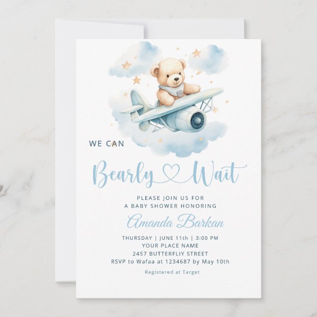 Boy Teddy Bear wir können frühes Abwarten Baby Dus Einladung (Vorderseite)