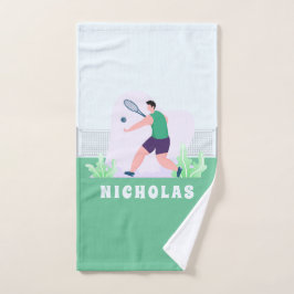 Boy Tennis Player Silhouette Grüngras Kinder Name Handtuch