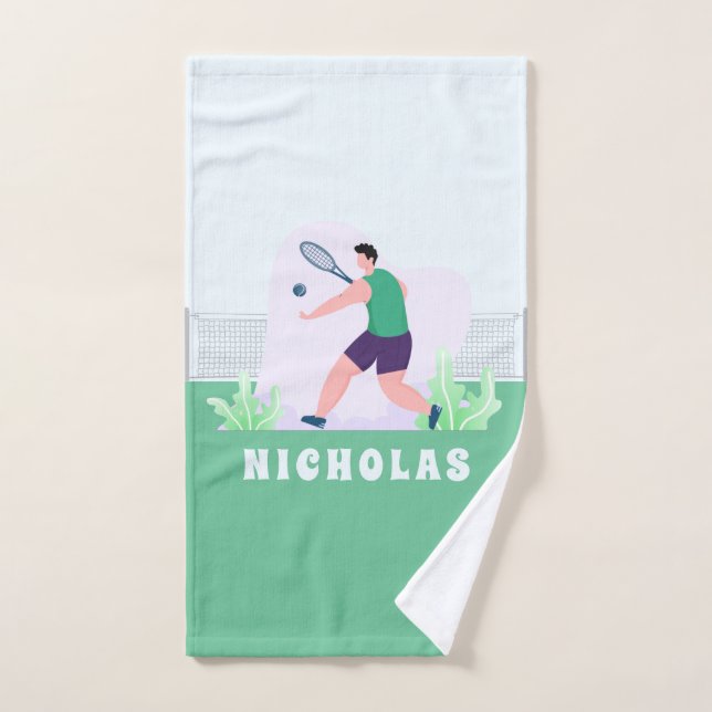 Boy Tennis Player Silhouette Grüngras Kinder Name Handtuch (Handtuch)