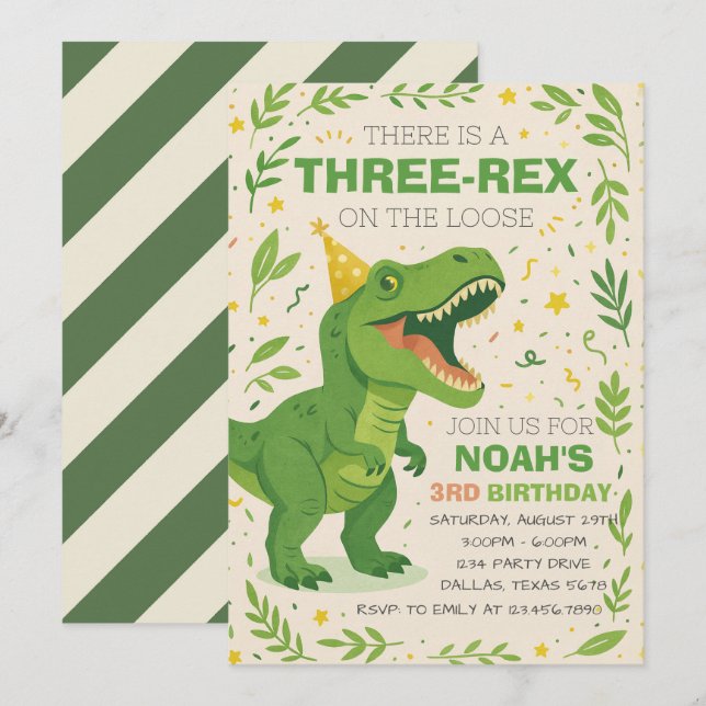 Boy Three-Rex Dinosaur Birthday Einladung (Vorne/Hinten)