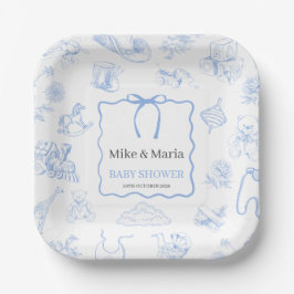 Boy Toile De Jouy Blue Baby Shower Pappteller