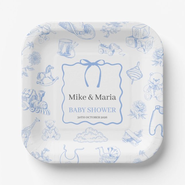 Boy Toile De Jouy Blue Baby Shower Pappteller (Vorderseite)