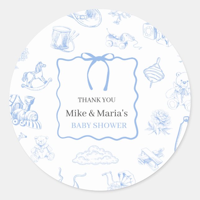 Boy Toile De Jouy Blue Baby Shower Runder Aufkleber (Vorderseite)