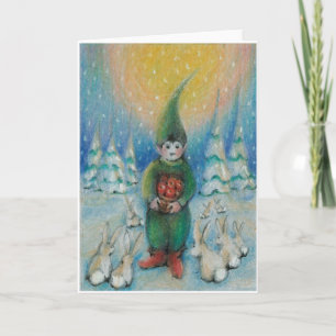 Boy Tomte füttre mit seinen Xmas Äpfel Schneeflock Feiertagskarte