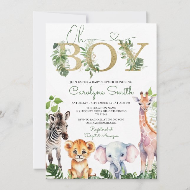 Boy Tropical Jungle Safari Animals Baby Dusche Einladung (Vorderseite)