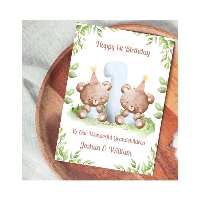 Boy Twins 1st Birthday Greenery Teddy Bear Card Karte (Von Creator hochgeladen)
