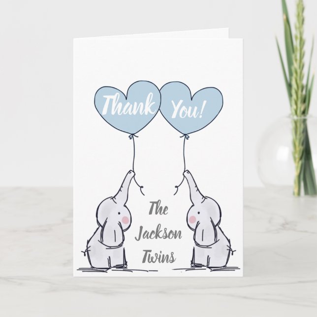 Boy Twins Baby Elephant Danke Karte (Vorderseite)