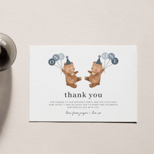 Boy Twins - Bears Party Hats - Danke Karte (Boy Twins - Bears Party Hats - Thank You Card)