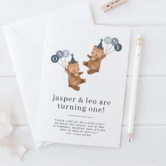 Boy Twins - Bears Party Hats - Joint 1st Birthday Einladung