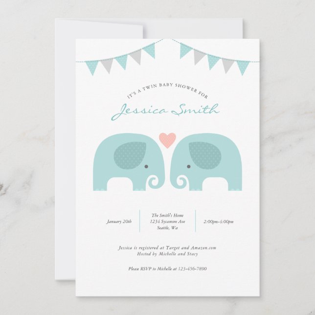 Boy Twins Elephant Baby shower Invitation (Devant)