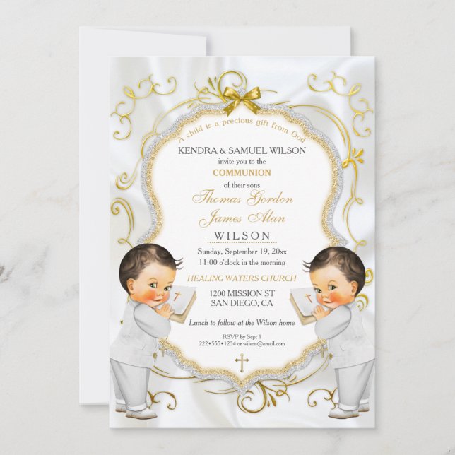 Boy Twins Taufe Christening Communation Einladung (Vorderseite)