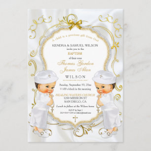 Boy Twins Taufe Christening Gold Weißes Kreuz Einladung