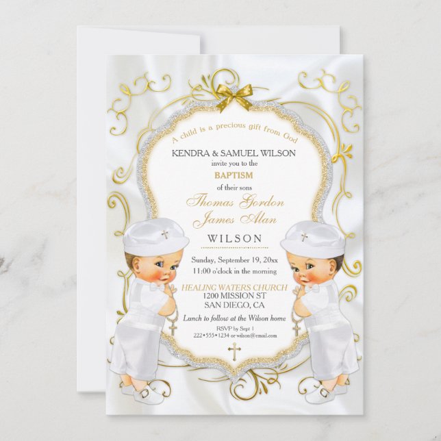 Boy Twins Taufe Christening Gold White Cross Einladung (Vorderseite)