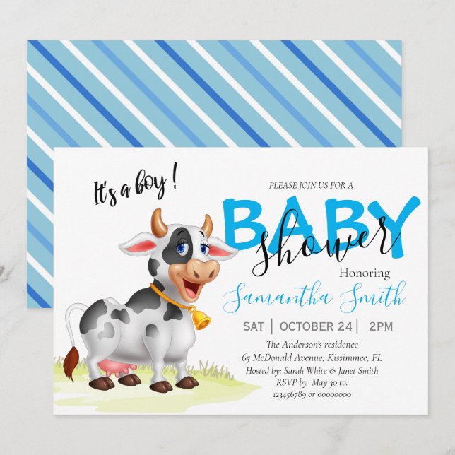 Boy vache Baby shower Blue Invitation (Devant / Derrière)