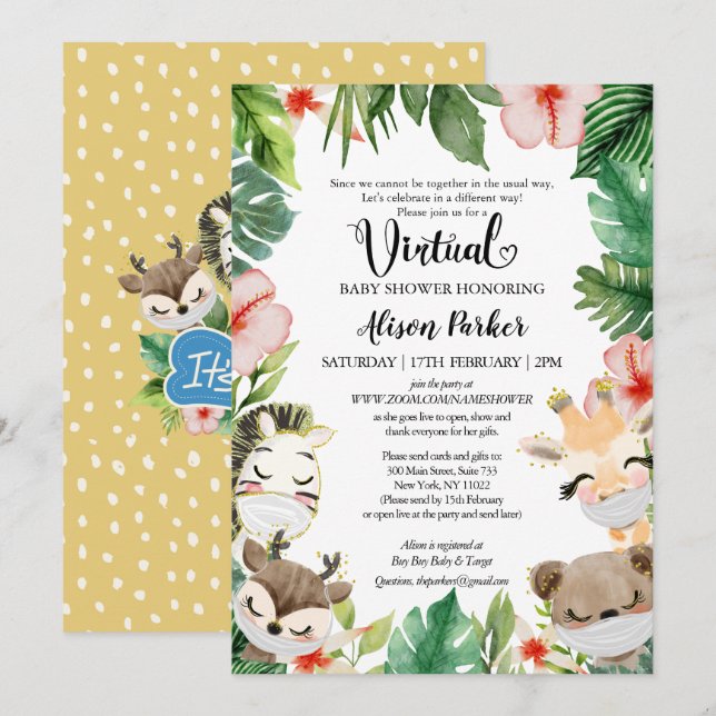 Boy Virtual Baby Shower | Masked Safari Friends Einladung (Vorne/Hinten)