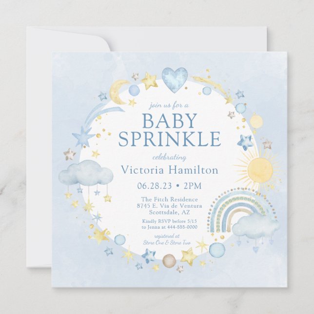 Boy Watercolor Rainbow Baby Sprinkle Einladung (Vorderseite)