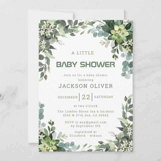 Boy Watercolor Woodland Babydusche Einladung (Vorderseite)