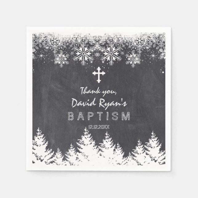 Boy Winter Holiday Snowflakes Chalkboard Taufe Serviette (Vorderseite)