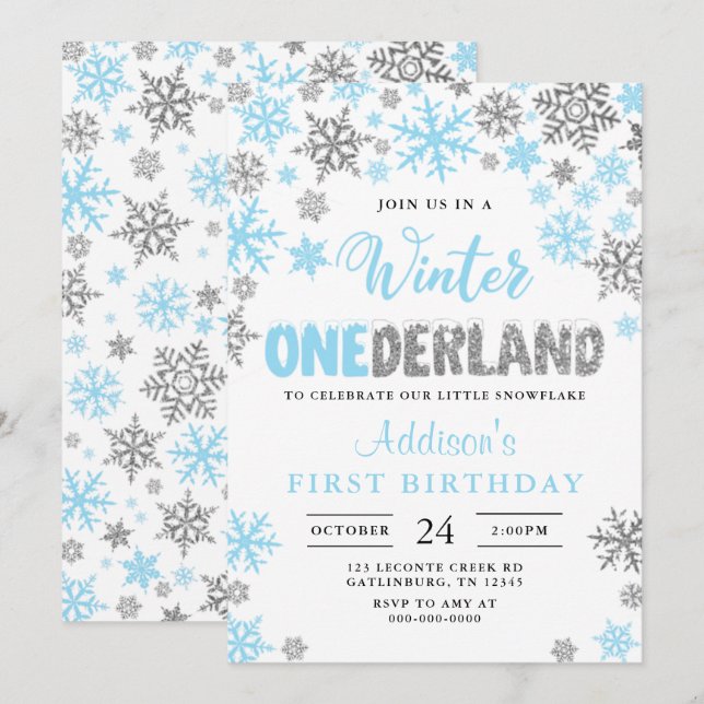 Boy Winter Onederland Einladung zum ersten Geburts (Vorne/Hinten)