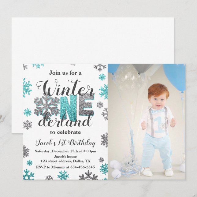 Boy Winter ONEderland Geburtstag Einladung Foto (Vorne/Hinten)